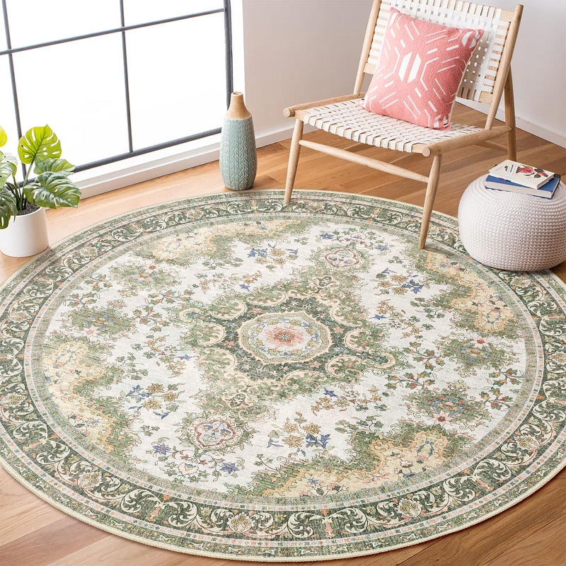 Castage Green Round Rug 4ft,Circle Washable Area Rugs for Bedroom Bathroom Entryway,Small Boho Vintage Bohemian Distressed Oriental Floral Carpet Non Slip,Sage Floral - Image 1