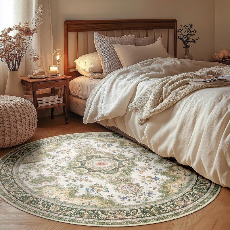 Castage Green Round Rug 4ft,Circle Washable Area Rugs for Bedroom Bathroom Entryway,Small Boho Vintage Bohemian Distressed Oriental Floral Carpet Non Slip,Sage Floral - Image 3