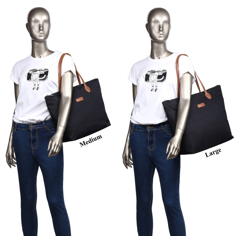 NNEE Water Resistant Light Weight Nylon Tote Bag Handbag - Large Size, Black - Image 5