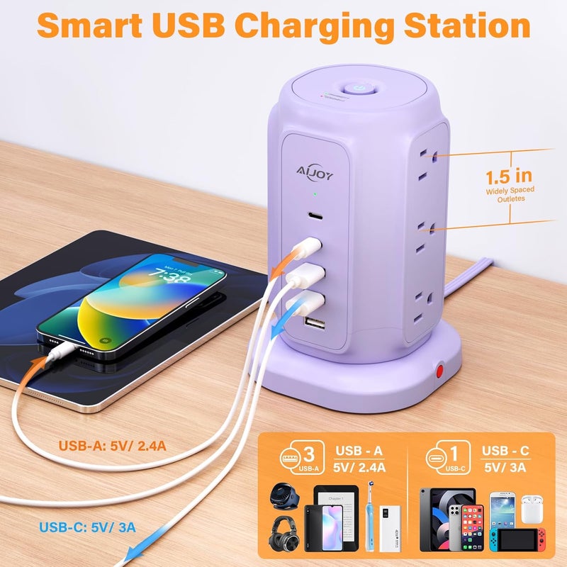 ايجوي برج مقبس طاقة مسطح مع 9 منافذ تيار متردد و5 منافذ USB | محطة شحن USB مع حماية 1200 جول، سلك تمديد بطول 6 أقدام لضروريات الشقة، إكسسوارات مكتبية للنساء - Image 4