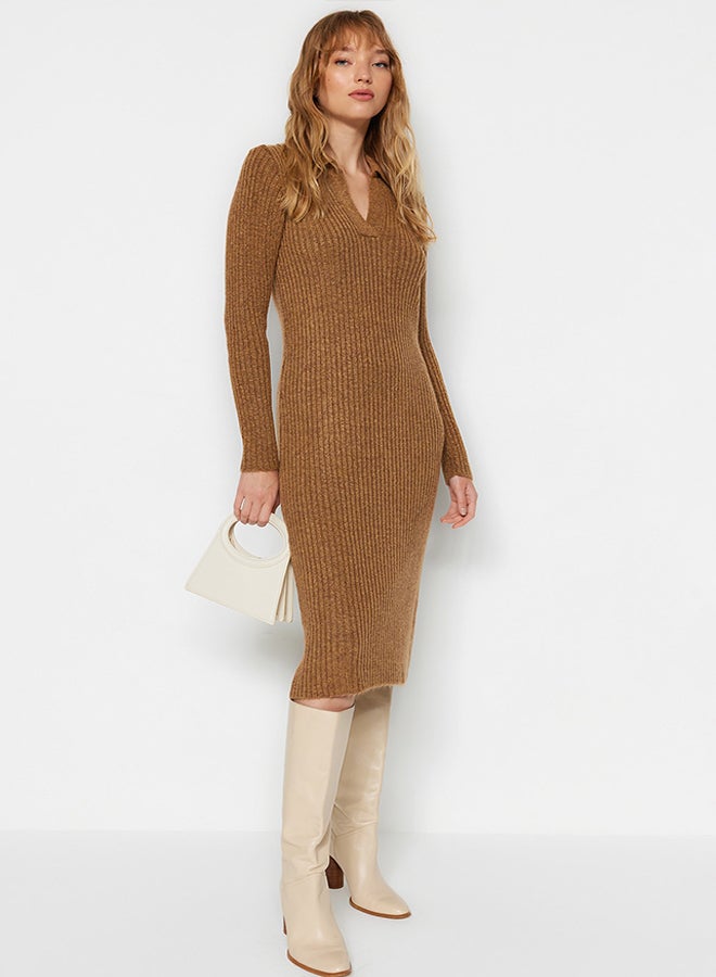 trendyol Camel Midi Knitwear Soft Textured Polo Neck Dress TWOAW24EL00026 - Image 1