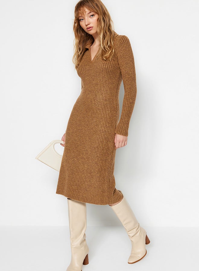 trendyol Camel Midi Knitwear Soft Textured Polo Neck Dress TWOAW24EL00026 - Image 3