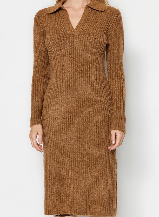 trendyol Camel Midi Knitwear Soft Textured Polo Neck Dress TWOAW24EL00026 - Image 4