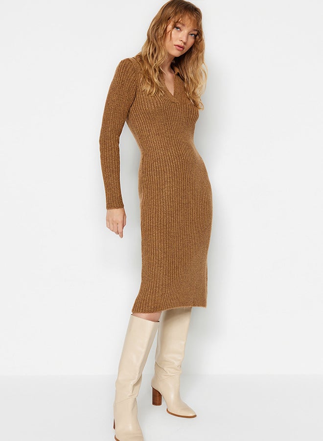 trendyol Camel Midi Knitwear Soft Textured Polo Neck Dress TWOAW24EL00026 - Image 2