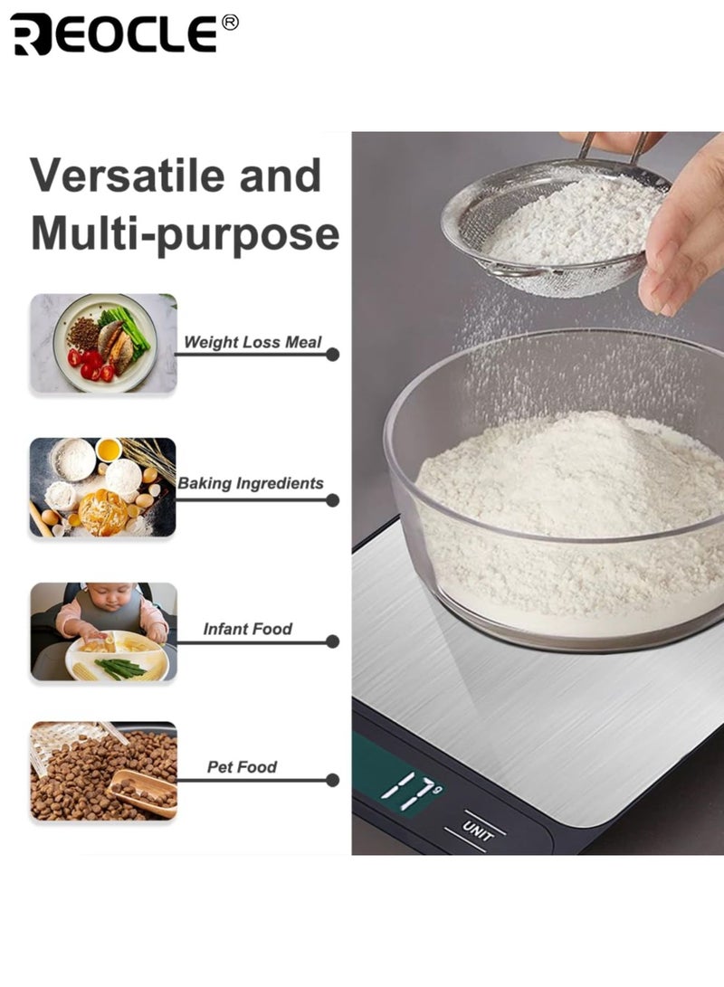 REOCLE Digital Kitchen Scale with 1g Precision and Stainless Steel Platform Electronic Food Scale with Easy Clean Design and Tare Function for Baking Cooking Weight Management - Image 4