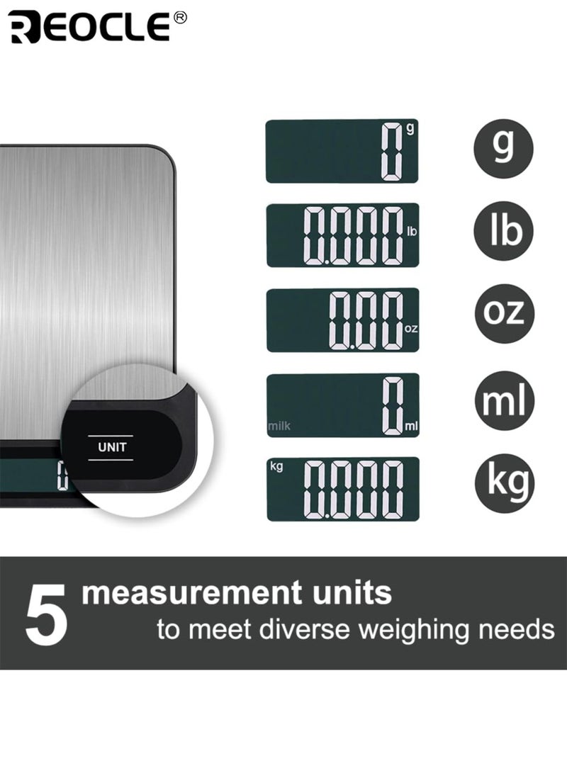 REOCLE Digital Kitchen Scale with 1g Precision and Stainless Steel Platform Electronic Food Scale with Easy Clean Design and Tare Function for Baking Cooking Weight Management - Image 3