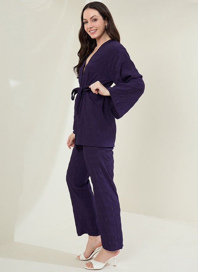 StyleStone سترة بتصميم V من StyleStone مع بنطلونات متناسقة باللون الأرجواني - Image 4