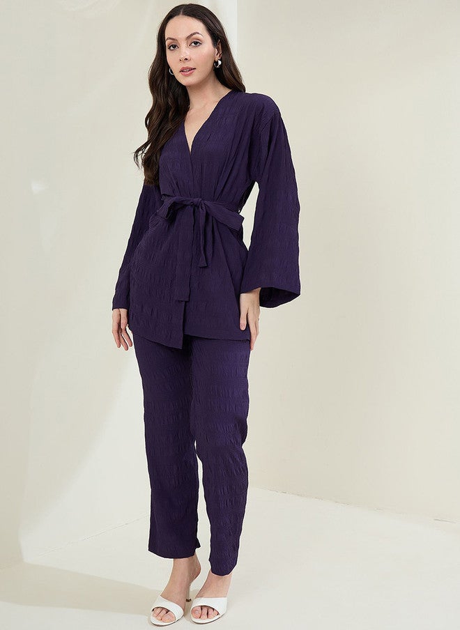 StyleStone سترة بتصميم V من StyleStone مع بنطلونات متناسقة باللون الأرجواني - Image 1