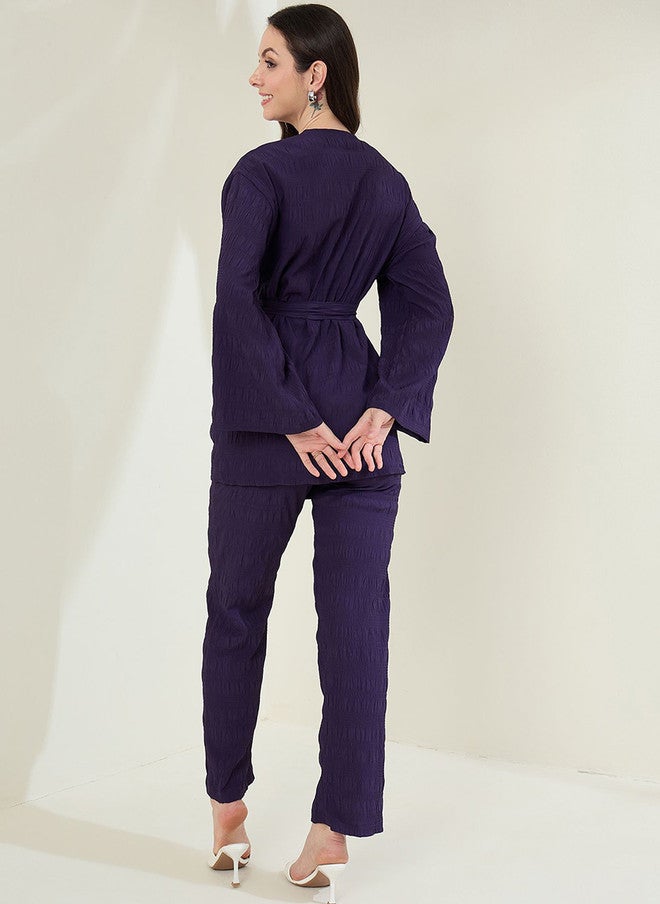 StyleStone سترة بتصميم V من StyleStone مع بنطلونات متناسقة باللون الأرجواني - Image 5