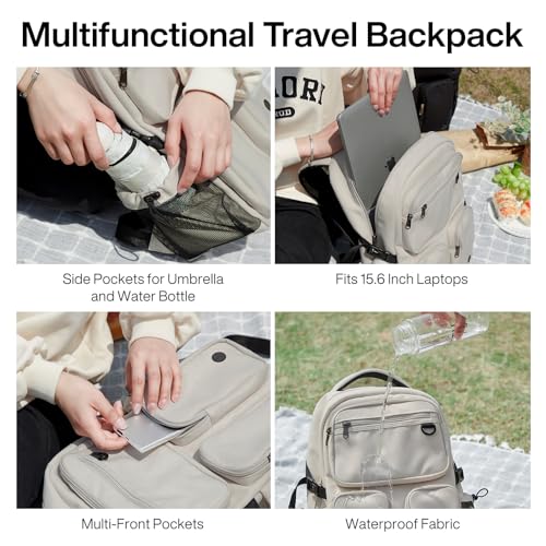 mixi Travel Laptop Backpack, Lightweight Durable School Bookbag Men Woman 15.6" Computer Bag, Water Resistant Outdoor Hiking Backpacks With Multifunction Pockets, 17 Inch, Beige - Image 4
