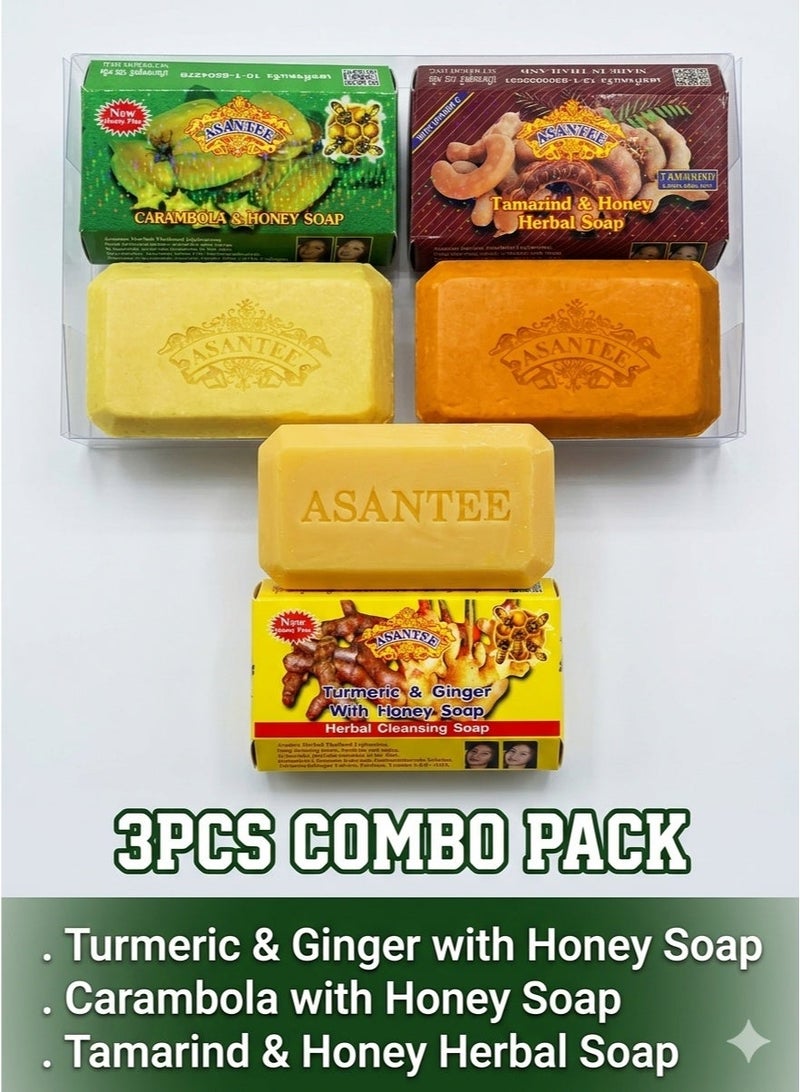 Asantee Herbal Honey Soap 3PCS COMBO PACK Carambola Honey, Tamarind Honey & Turmeric Ginger with Honey - Exfoliating Hydrating Brightening Face & Body Cleansing Soap Set for Dull & Oily Skin 3x125g Skincare UAE - Image 1