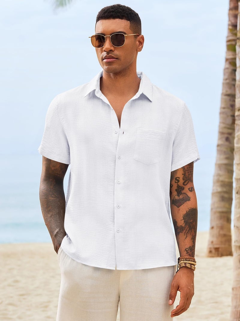 Runcati Mens Button Down Shirts Casual Short Sleeve Shirt Textured Linen Summer Beach Tops with Pocket White - Image 4