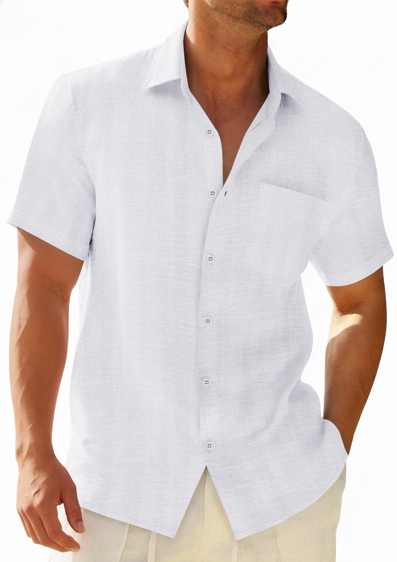 Runcati Mens Button Down Shirts Casual Short Sleeve Shirt Textured Linen Summer Beach Tops with Pocket White - Image 1