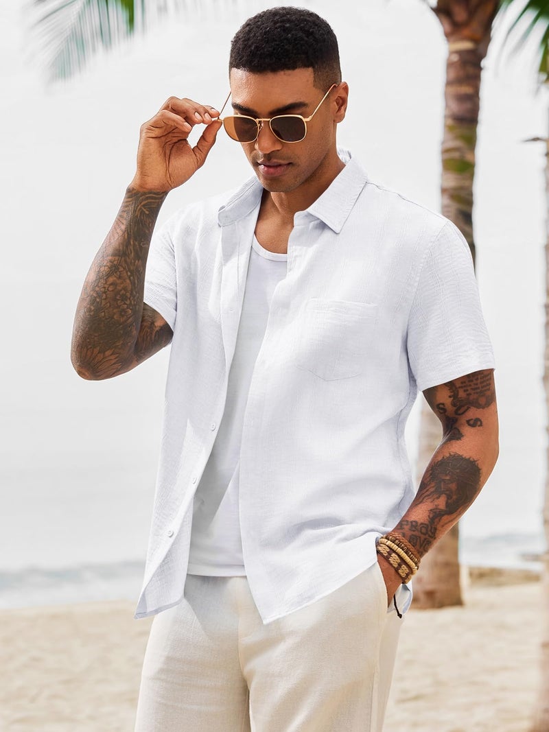 Runcati Mens Button Down Shirts Casual Short Sleeve Shirt Textured Linen Summer Beach Tops with Pocket White - Image 2