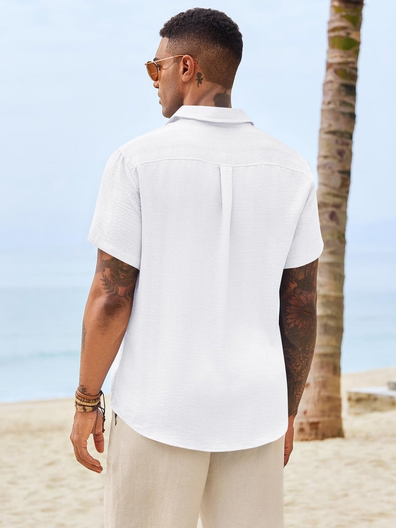 Runcati Mens Button Down Shirts Casual Short Sleeve Shirt Textured Linen Summer Beach Tops with Pocket White - Image 3