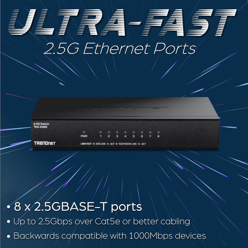 Trendnet مفتاح ألعاب غير مُدار متعدد الجيجابيت 8 منافذ 2.5Gb، TEG-S380، 8 x 2.5GBASE-T، سعة تبديل 25Gbps، مقسم إيثرنت، متوافق مع NDAA و TAA، بدون مروحة، حماية مدى الحياة، أسود - Image 4