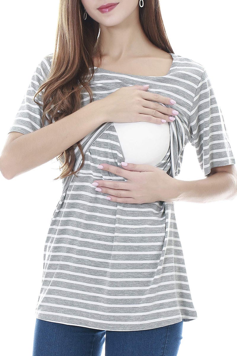 Smallshow 3 Pcs Maternity Nursing T-Shirt Nursing Tops Grey Stripe-Dim Grey-Black Medium - Image 3
