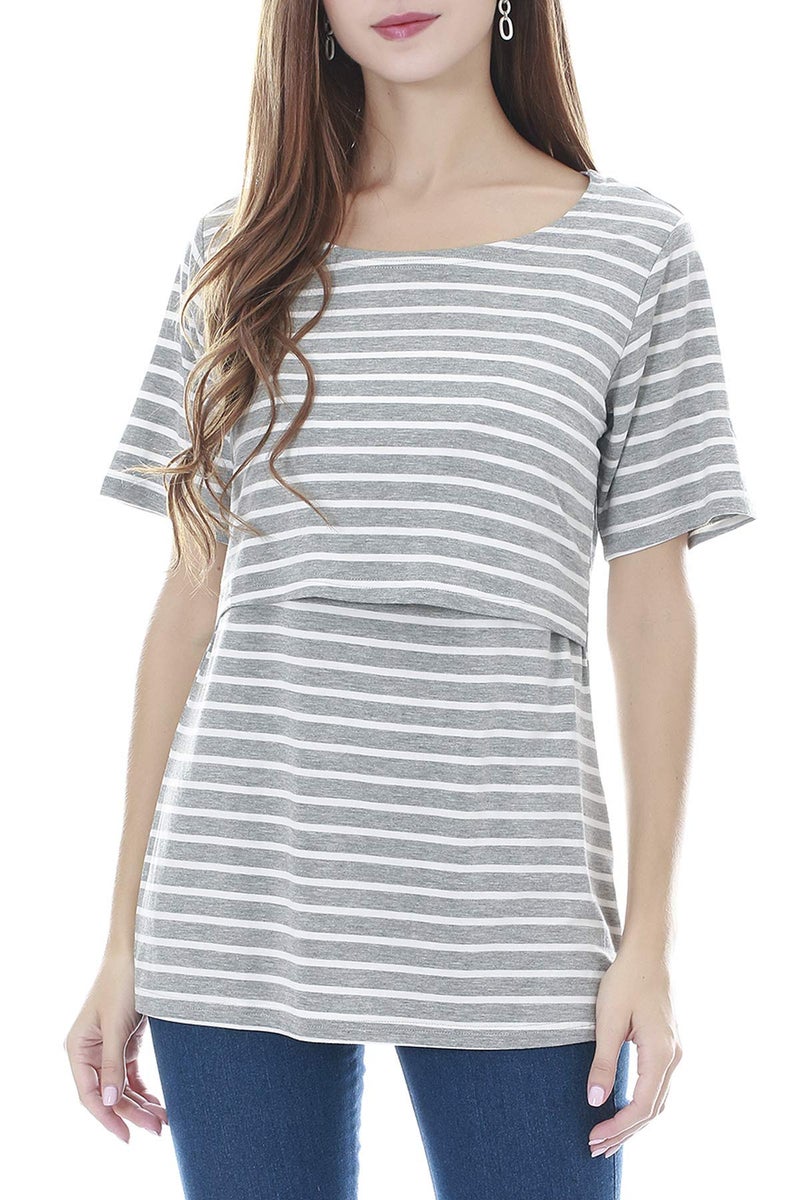 Smallshow 3 Pcs Maternity Nursing T-Shirt Nursing Tops Grey Stripe-Dim Grey-Black Medium - Image 2