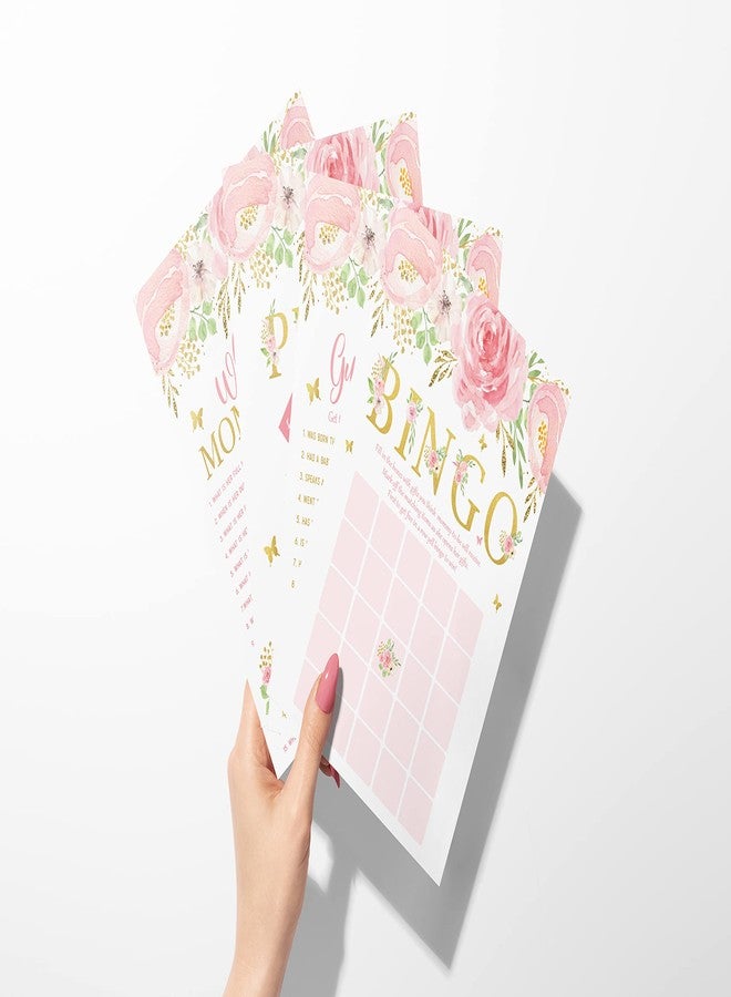 يور ماين إيفينت برينتس ألعاب حفل استقبال المولود الجديد من Your Main Event Prints - بينغو، البحث عن الضيف، السعر مناسب، من يعرف الأم أكثر - تصميم زهري باللونين الوردي والذهبي - 25 لعبة لكل تصميم، مطبوعة على الوجهين، لعبة واحدة لكل جانب - Image 3