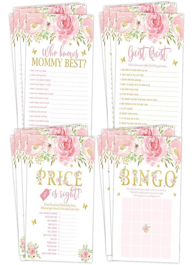 يور ماين إيفينت برينتس ألعاب حفل استقبال المولود الجديد من Your Main Event Prints - بينغو، البحث عن الضيف، السعر مناسب، من يعرف الأم أكثر - تصميم زهري باللونين الوردي والذهبي - 25 لعبة لكل تصميم، مطبوعة على الوجهين، لعبة واحدة لكل جانب - Image 1