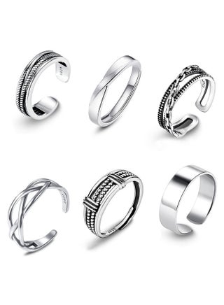 Open Adjustable Rings Set Unisex Stacking Ring Stackable Jewelry Gift Finger Rings for Women Men Girls Boys 6pcs Silver