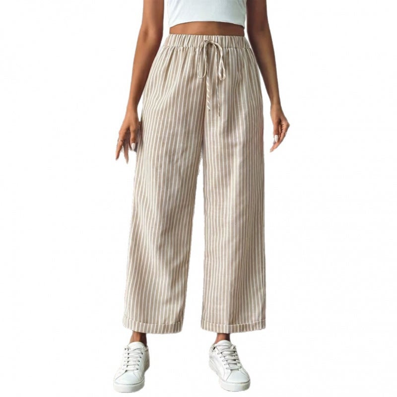 Casual Linen-Cotton Striped Wide-Leg Pants with Pockets - Image 5