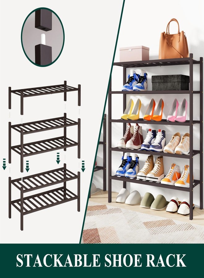 Smiry Shoe Rack, 3 Tier Bamboo Shoe Organizer, Stackable Free Standing Wooden Shoe Storage Shelf for Closet, Entryway, Front Door Entrance, Brown - Image 4