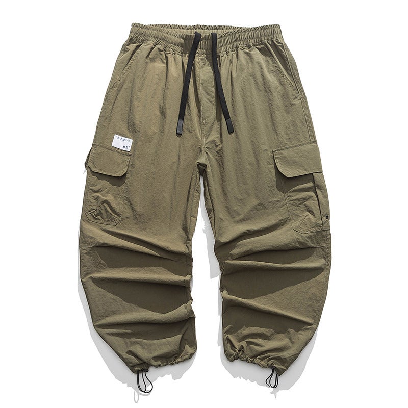 Generic Spring and summer solid color toe overalls mens mountain camping casual pants drawstring feet quick-drying pants spot generation Army Green 