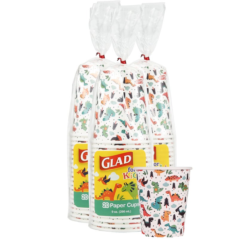 Glad for Kids Dinosaur Paper Cups Heavy Duty SoakProof Disposable Kids Party Drink Cups for Cold Beverages Juice and Water Multicolor Dino Design 9 Oz 20 Count 3 Pack - Image 2