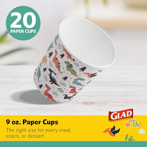 Glad for Kids Dinosaur Paper Cups Heavy Duty SoakProof Disposable Kids Party Drink Cups for Cold Beverages Juice and Water Multicolor Dino Design 9 Oz 20 Count 3 Pack - Image 3