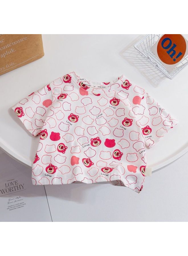 Children's  Summer New Girls Cartoon Cute Full Print Strawberry Bear All-match Short-sleeved T-shirt Fashion Top Trendy