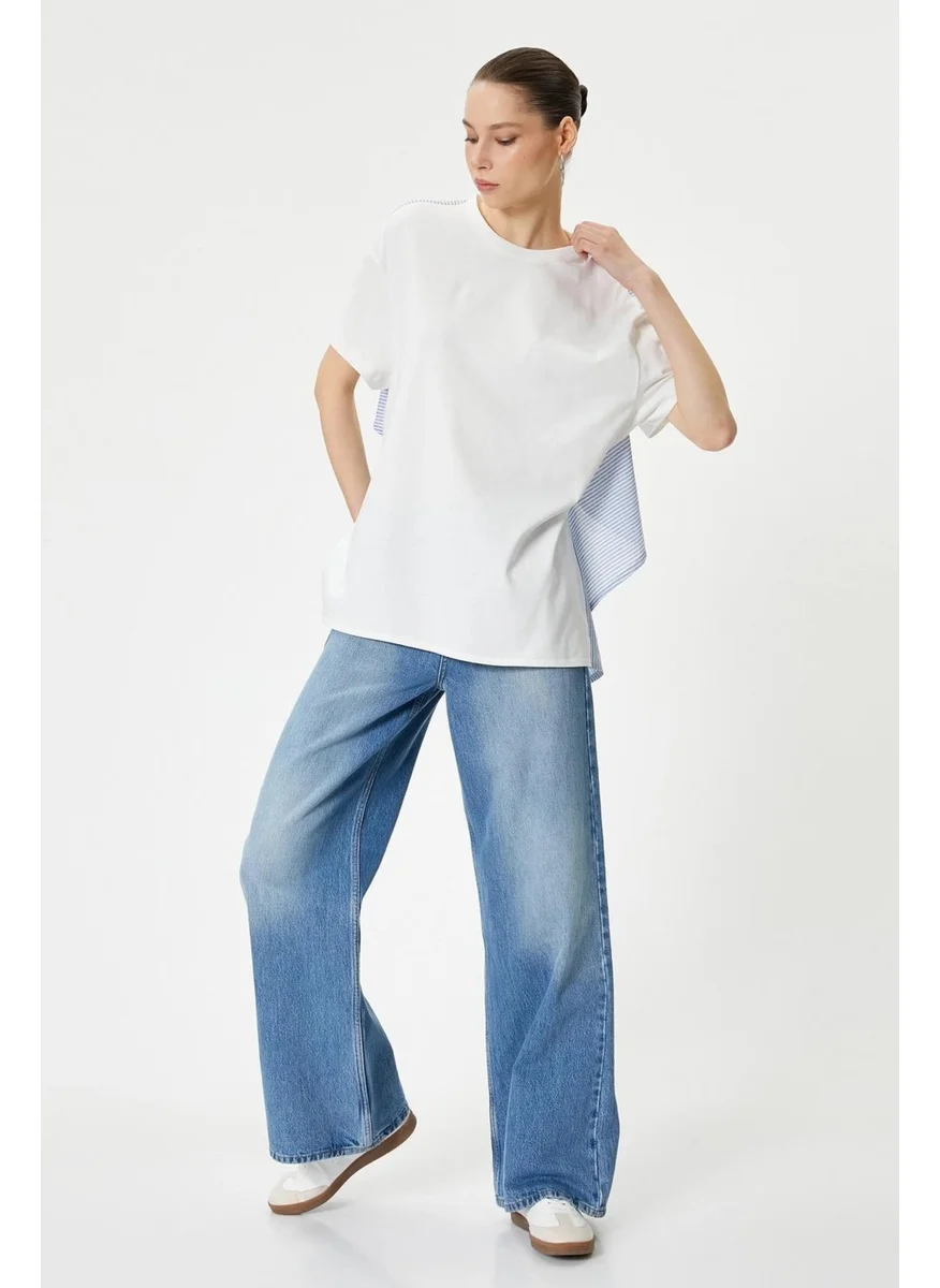 Tena Women's Ecru Crew Neck Back Pieced Rope Tie T-Shirt
