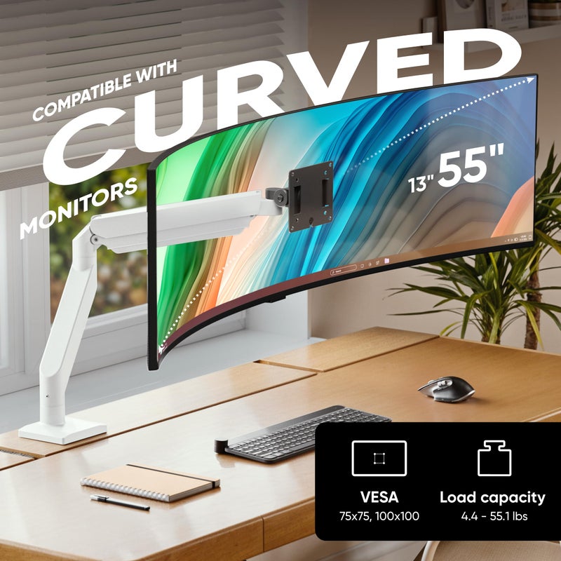 ONKRON Heavy Duty Monitor Arm for 13-55 Inch Flat & Curved Screens up to 55.1 lbs, Ultrawide Screen Arm with Adjustable Gas Spring, VESA 75x75-100x100, Single Monitor Mount for Desk Black-White - Image 2