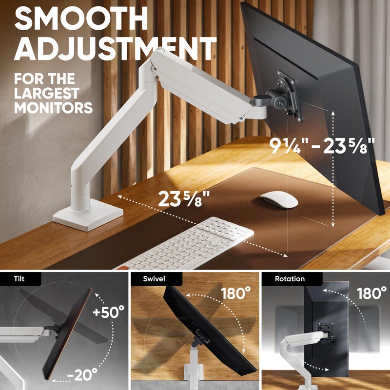 ONKRON Heavy Duty Monitor Arm for 13-55 Inch Flat & Curved Screens up to 55.1 lbs, Ultrawide Screen Arm with Adjustable Gas Spring, VESA 75x75-100x100, Single Monitor Mount for Desk Black-White - Image 3