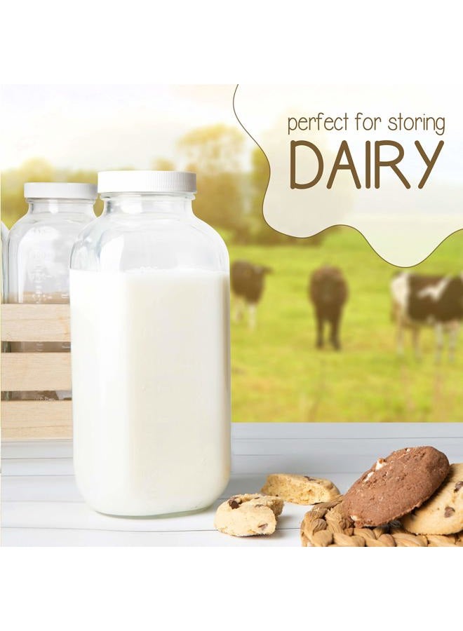 kitchentoolz 32oz Square Glass Milk Bottle with Plastic Airtight Lids, Quart Sized Vintage Reusable Dairy Drinking Containers for Refrigerator with Measurement Marks, Yogurt, Smoothies, Kombucha, Water- 4 Pack - Image 3