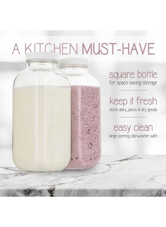 kitchentoolz 32oz Square Glass Milk Bottle with Plastic Airtight Lids, Quart Sized Vintage Reusable Dairy Drinking Containers for Refrigerator with Measurement Marks, Yogurt, Smoothies, Kombucha, Water- 4 Pack - Image 2