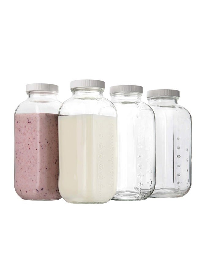 kitchentoolz 32oz Square Glass Milk Bottle with Plastic Airtight Lids, Quart Sized Vintage Reusable Dairy Drinking Containers for Refrigerator with Measurement Marks, Yogurt, Smoothies, Kombucha, Water- 4 Pack - Image 1