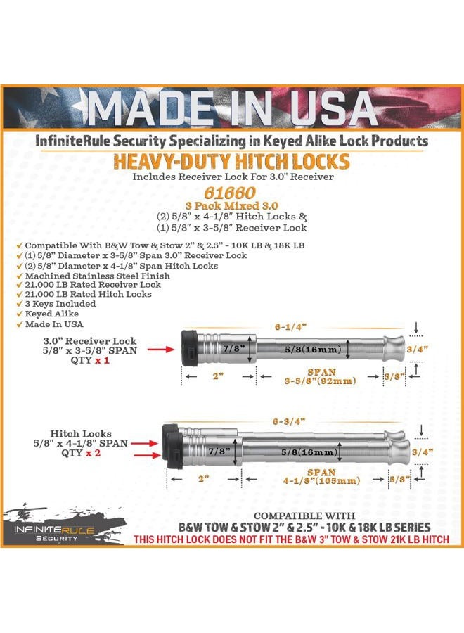 InfiniteRule Security 61660 | 3 Pack Mixed 3.0, Keyed Alike, Hitch Locks Compatible with B&W 2" & 2.5" Tow & Stow 10K LB & 18K LB - Includes Lock for 3.0" Receiver - Image 3