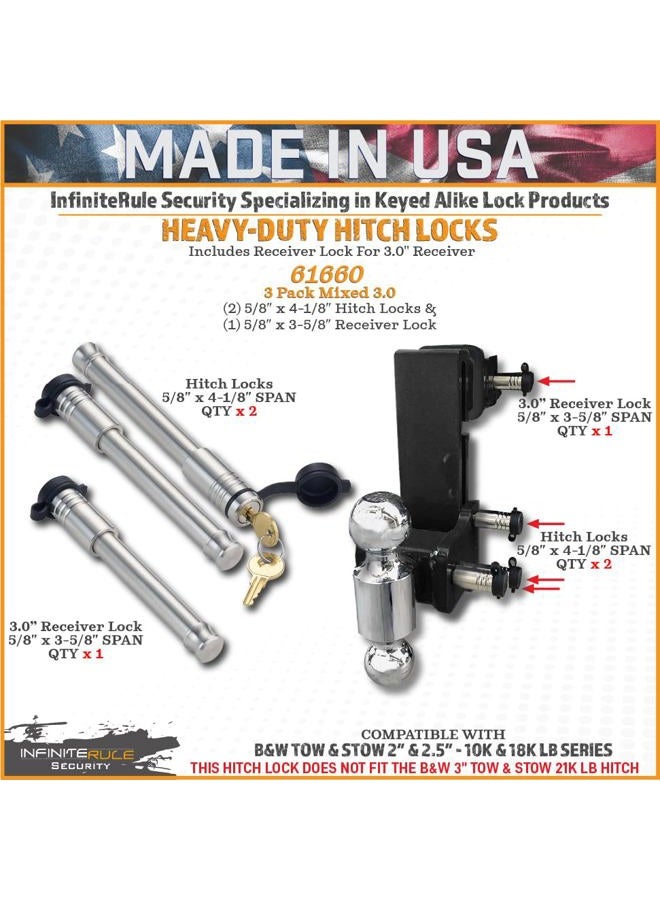 InfiniteRule Security 61660 | 3 Pack Mixed 3.0, Keyed Alike, Hitch Locks Compatible with B&W 2" & 2.5" Tow & Stow 10K LB & 18K LB - Includes Lock for 3.0" Receiver - Image 2
