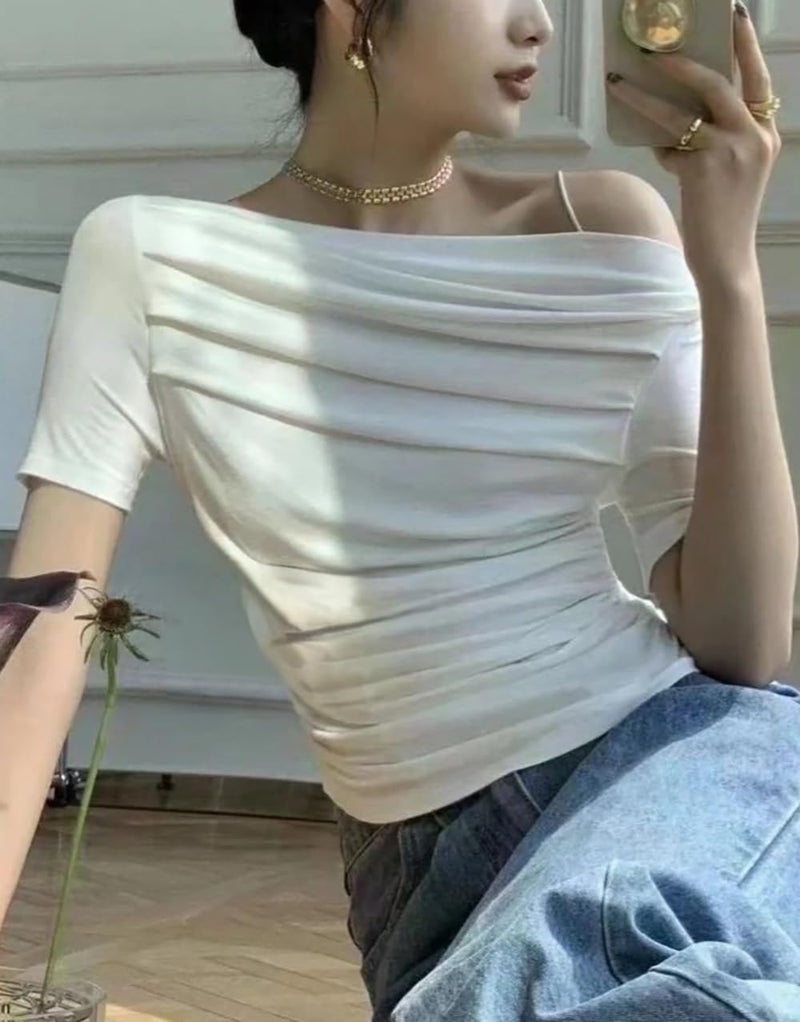 Istyle Can Korean Solid Short Sleeve Asymmetric Collar Pleated Cropped Top - Asymmetrical Neck, Ruched Design, Regular Sleeve, Casual, Half Sleeve, Slim Fit (in, Alpha, S, Regular, White) - Image 3