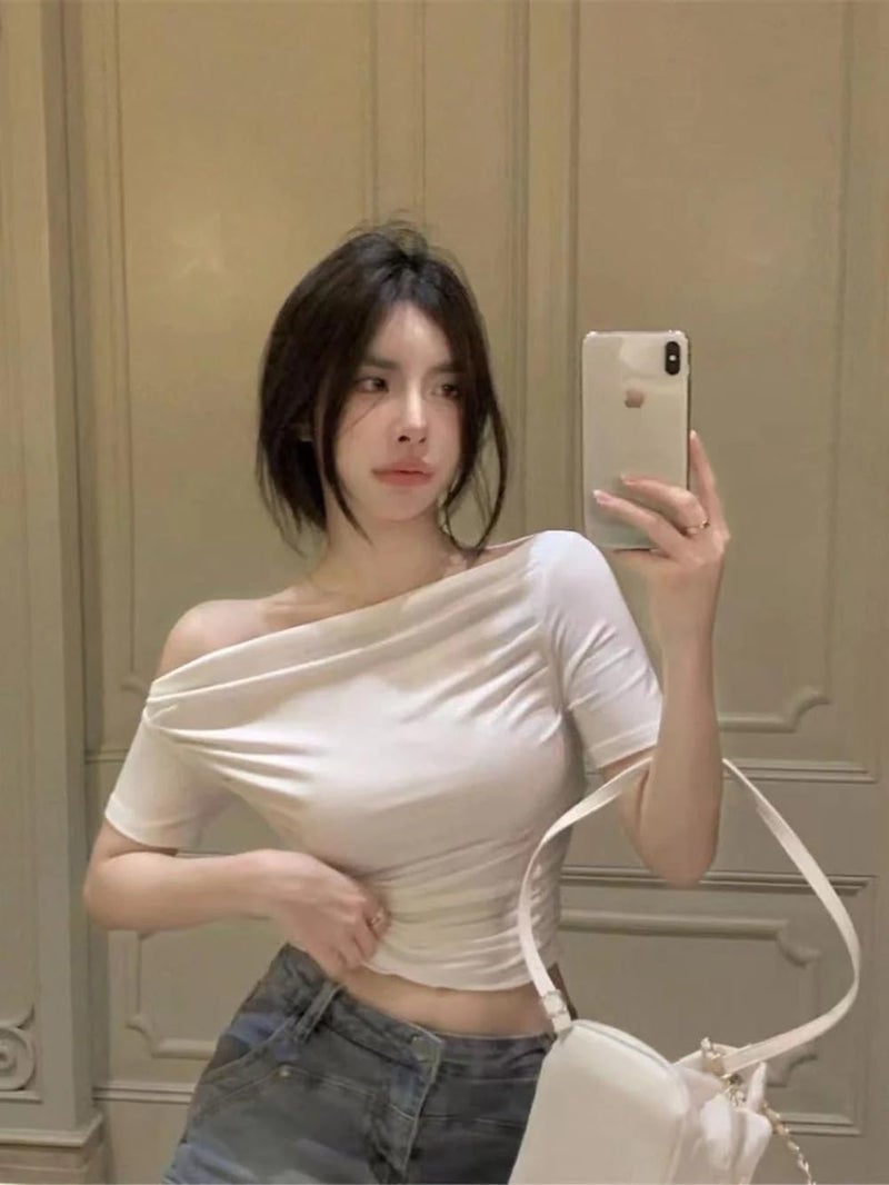 Istyle Can Korean Solid Short Sleeve Asymmetric Collar Pleated Cropped Top - Asymmetrical Neck, Ruched Design, Regular Sleeve, Casual, Half Sleeve, Slim Fit (in, Alpha, S, Regular, White) - Image 4