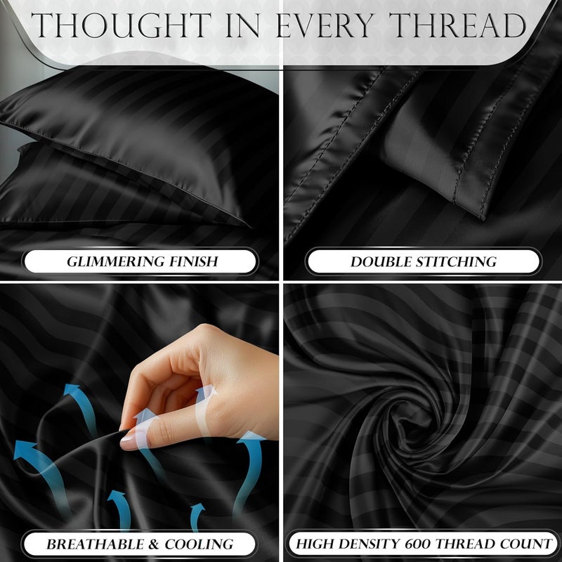 DECOLURE Striped Satin Sheet Queen Set 4pc - Luxurious Silk Feel Sheets - All-Season Silky Soft Queen Size Bed Sheets With Deep Pocket Fitted Sheet, Flat Sheet and Pillowcase (Black) - Image 3
