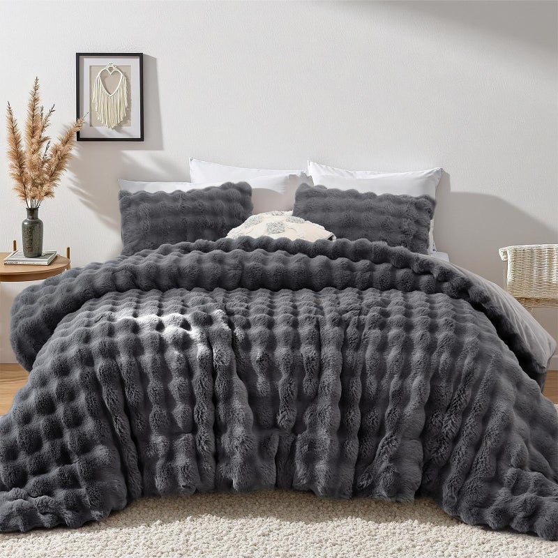 YIKUSH Dark Gray Comforter Set King â€“ Ultra Soft & Warm Faux Fur Comforter for Winter, Elegant Fluffy Comforter King Set with Pillowcases, Cozy Gray Bedding Set - Image 1