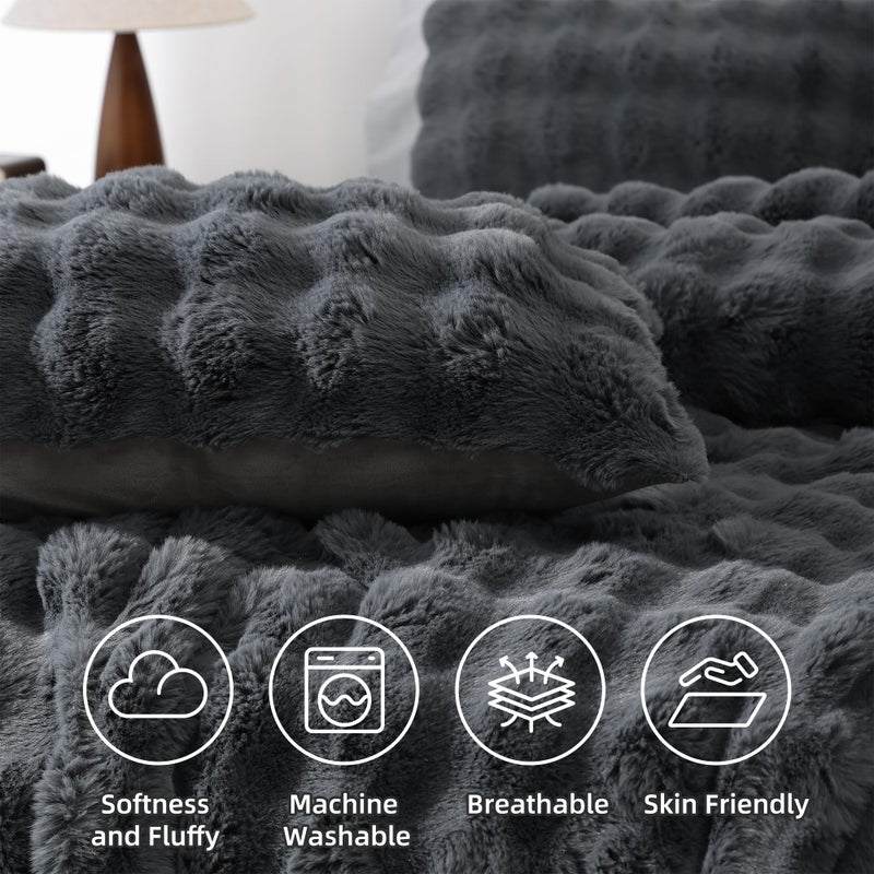 YIKUSH Dark Gray Comforter Set King â€“ Ultra Soft & Warm Faux Fur Comforter for Winter, Elegant Fluffy Comforter King Set with Pillowcases, Cozy Gray Bedding Set - Image 4