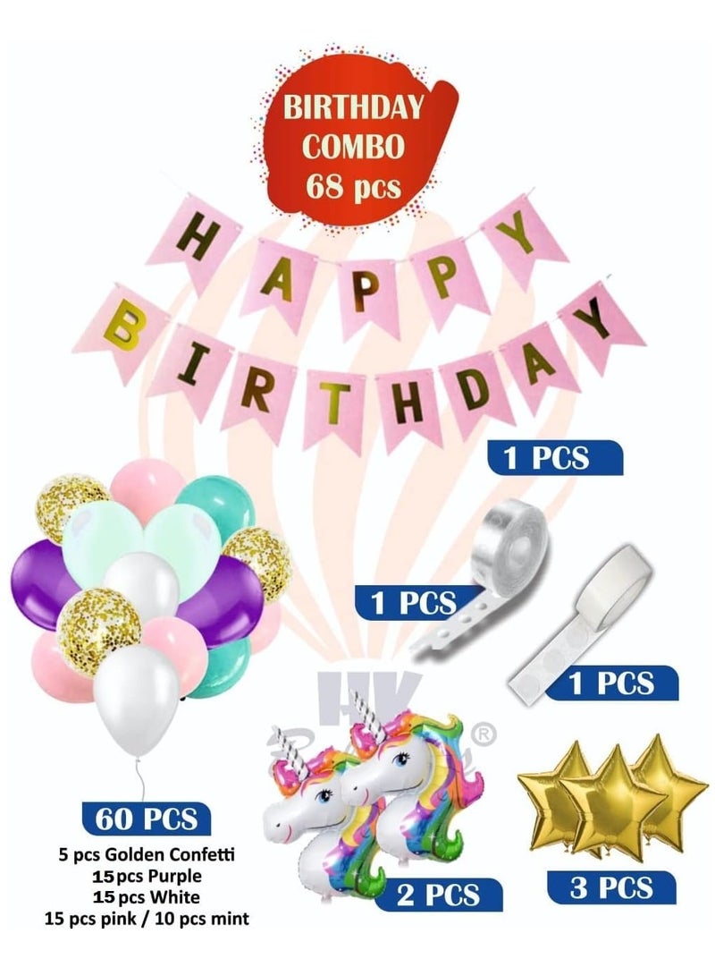 HK Balloons Pack of 68 Pcs Unicorn Themed Birthday Decorations Items Combo Set Kit with Happy Birthday Bunting banner, Unicorn Foil balloons, Metallic Balloons & Star shaped foil balloons - Image 3