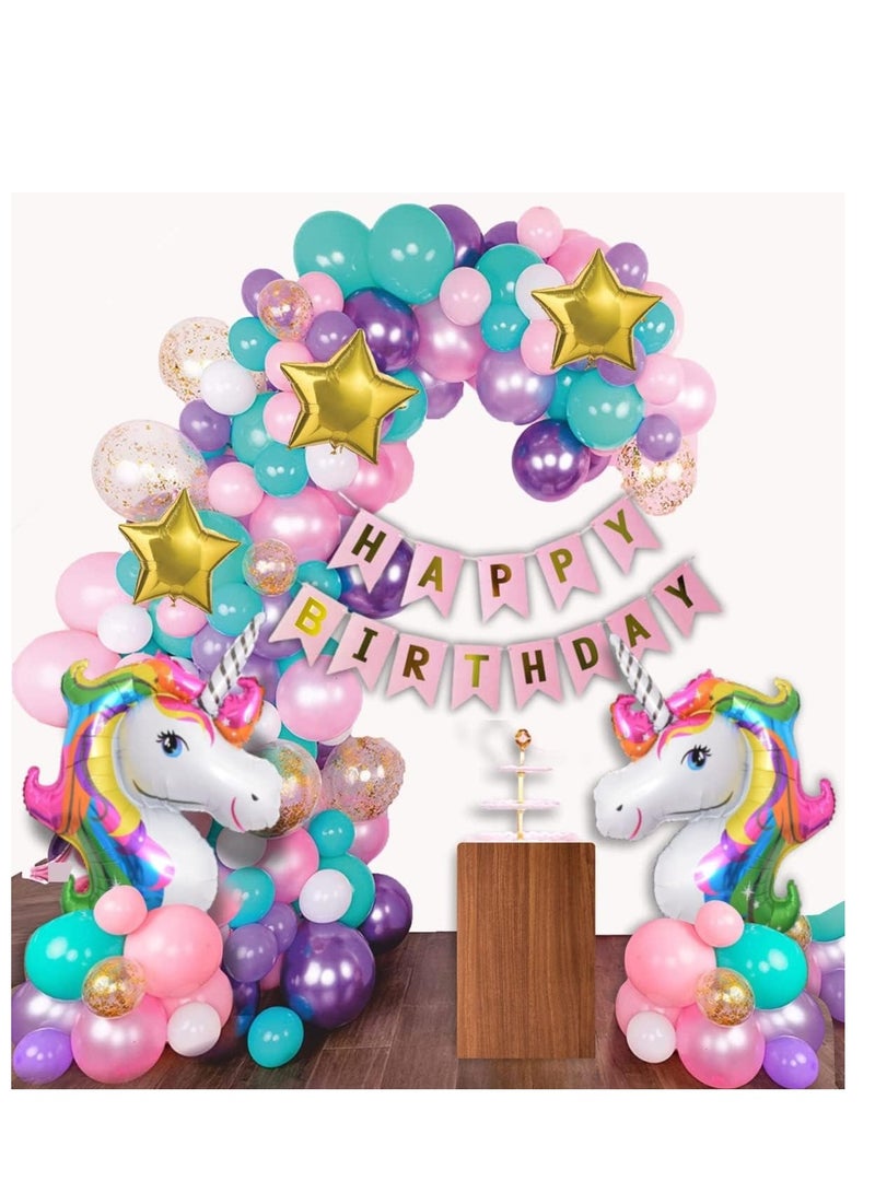HK Balloons Pack of 68 Pcs Unicorn Themed Birthday Decorations Items Combo Set Kit with Happy Birthday Bunting banner, Unicorn Foil balloons, Metallic Balloons & Star shaped foil balloons - Image 1