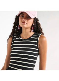 FAV Striped Sleeveless Dress with Round Neck and Asymmetrical Hemline  - Image 4