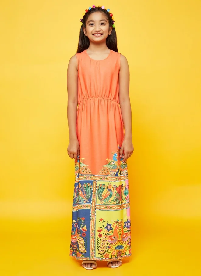 أيه كيه إس Orange Ethnic Motifs Printed Maxi Dress for Girls