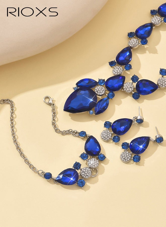 RIOXS Bride Jewelry Set, Crystal Wedding Necklace Earrings Bridal Rhinestone Teardrop Pendant Accessories for Women and Bridesmaids (3 piece set - 2 earrings and 1 necklace) - Image 2