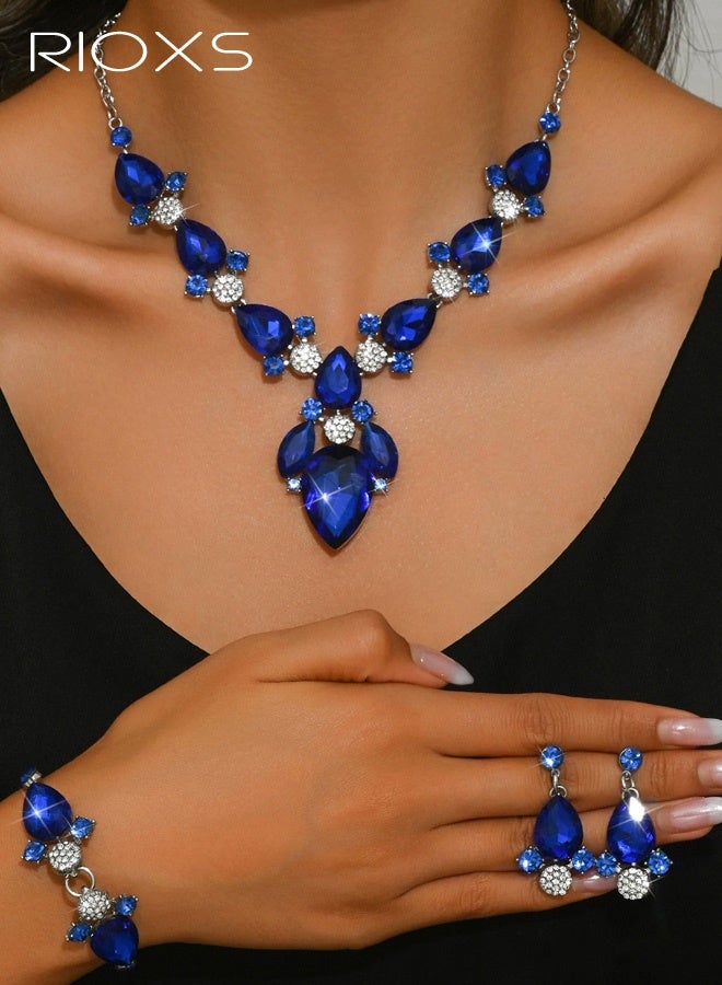 RIOXS Bride Jewelry Set, Crystal Wedding Necklace Earrings Bridal Rhinestone Teardrop Pendant Accessories for Women and Bridesmaids (3 piece set - 2 earrings and 1 necklace) - Image 1